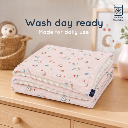 Baby Blanket - Pink Porcupine - 100% Muslin Cotton and Fleece material for ultra comfort