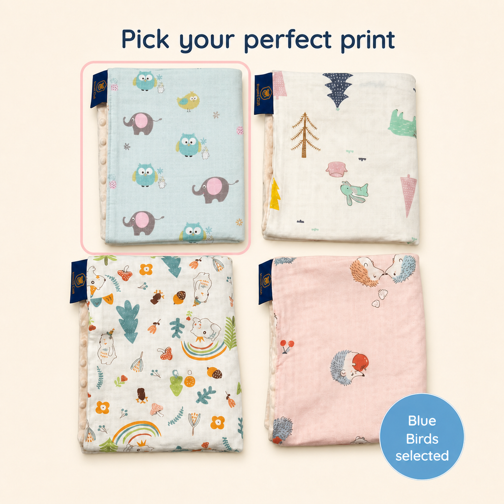 Baby Blanket - Blue Bird - 100% Muslin Cotton and Fleece material for ultra comfort