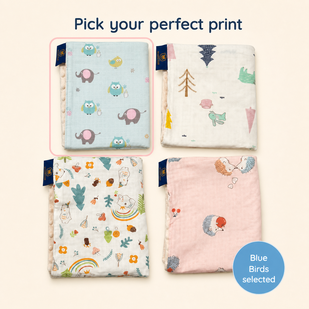 Baby Blanket - Blue Bird - 100% Muslin Cotton and Fleece material for ultra comfort