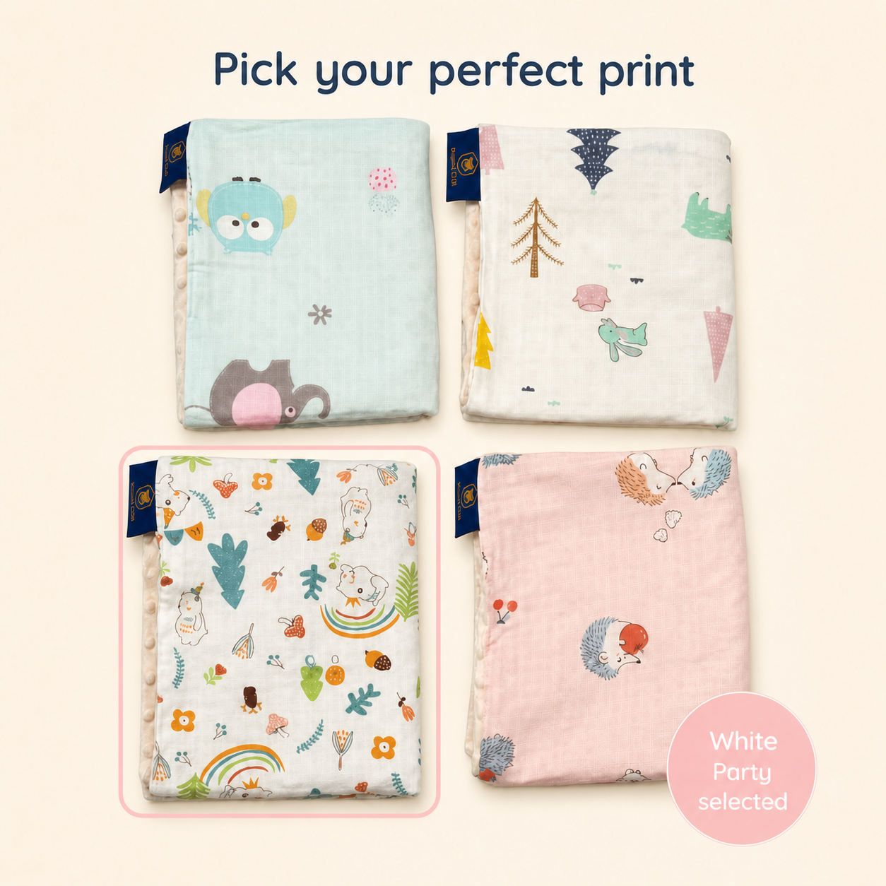 Baby Blanket - White Party - 100% Muslin Cotton and Fleece material for ultra comfort