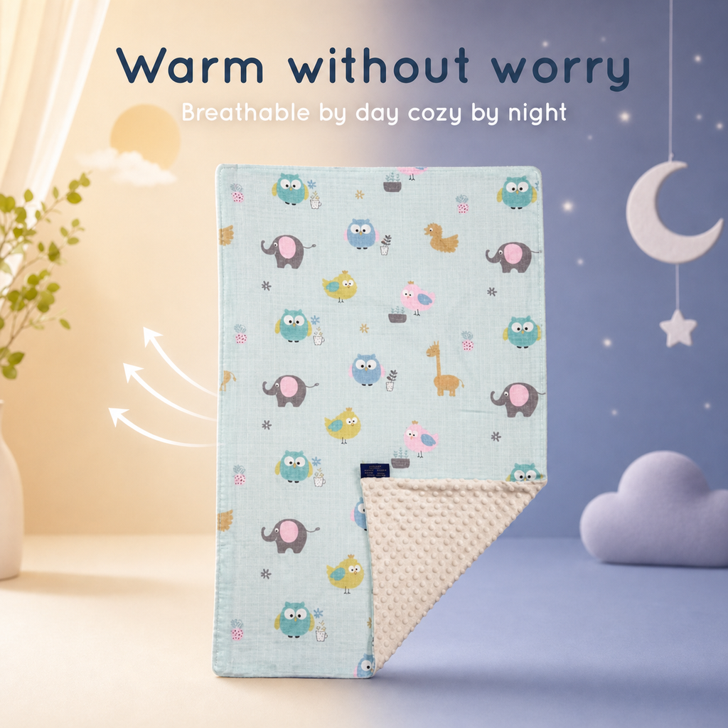 Baby Blanket - Blue Bird - 100% Muslin Cotton and Fleece material for ultra comfort