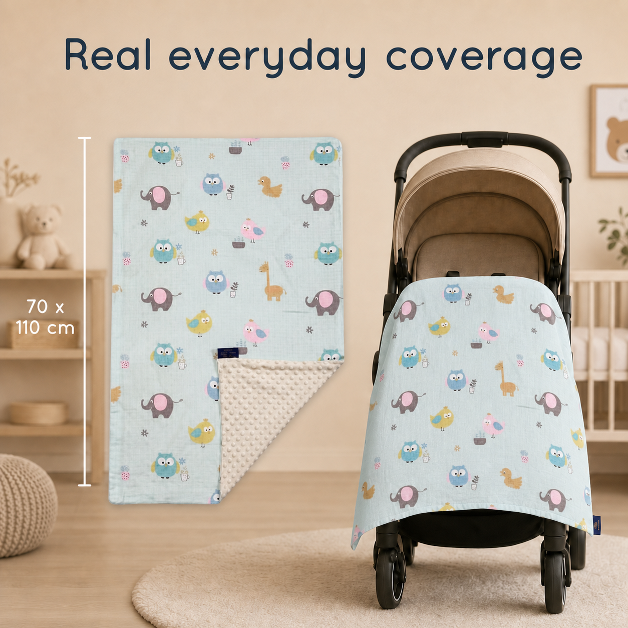 Baby Blanket - Blue Bird - 100% Muslin Cotton and Fleece material for ultra comfort