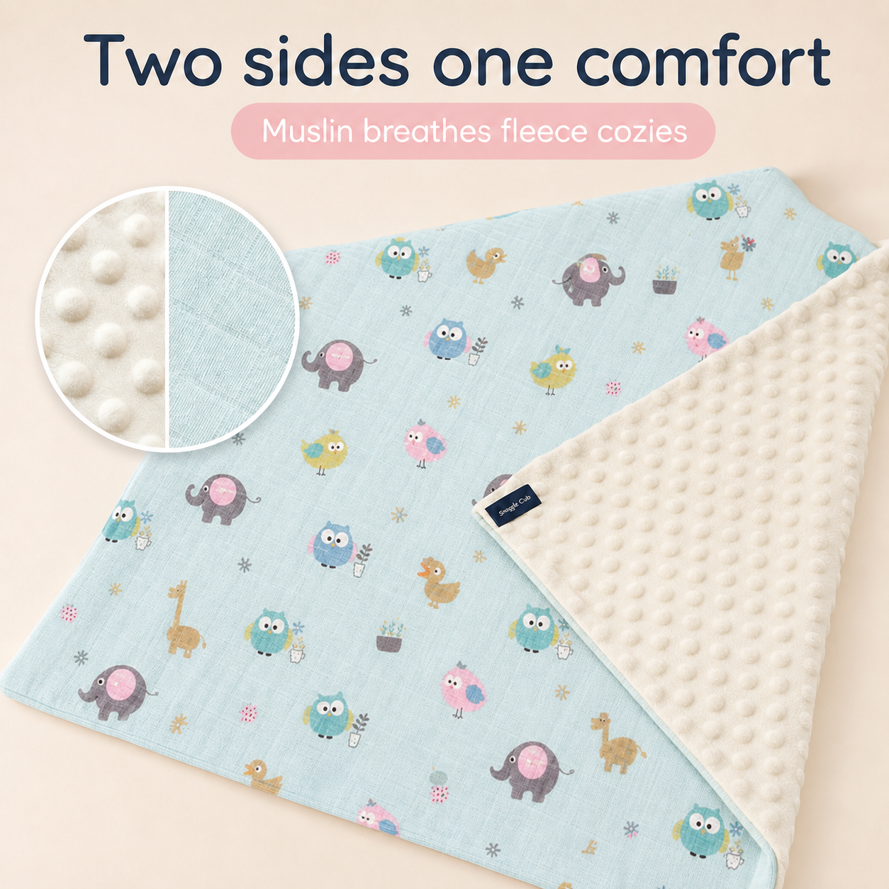 Baby Blanket - Blue Bird - 100% Muslin Cotton and Fleece material for ultra comfort