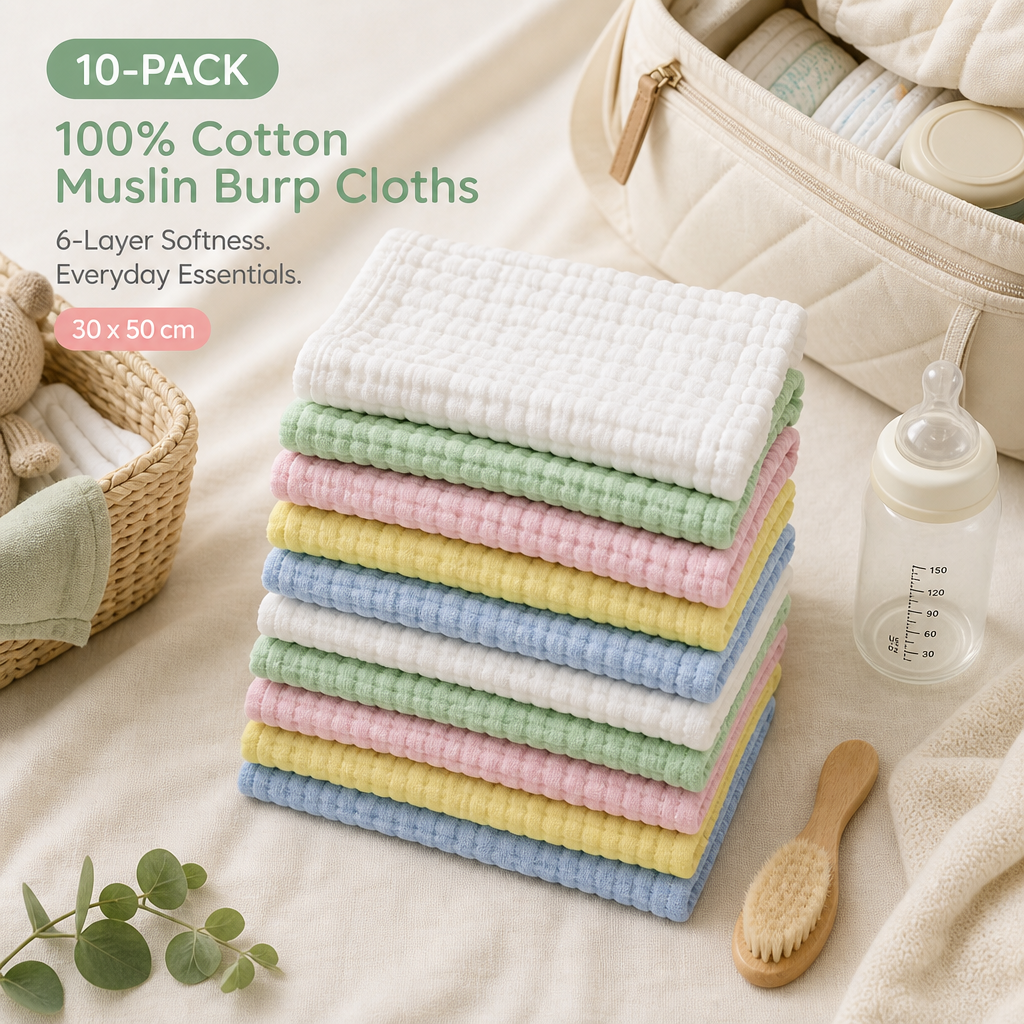 Baby Burp Cloths Pack of 10 in 100% Muslin Cotton – 6 Layers, Extra Absorbent Newborn Washcloths (30×50 cm), Soft Natural Face Towels for Sensitive Skin – in Multicolor (10)