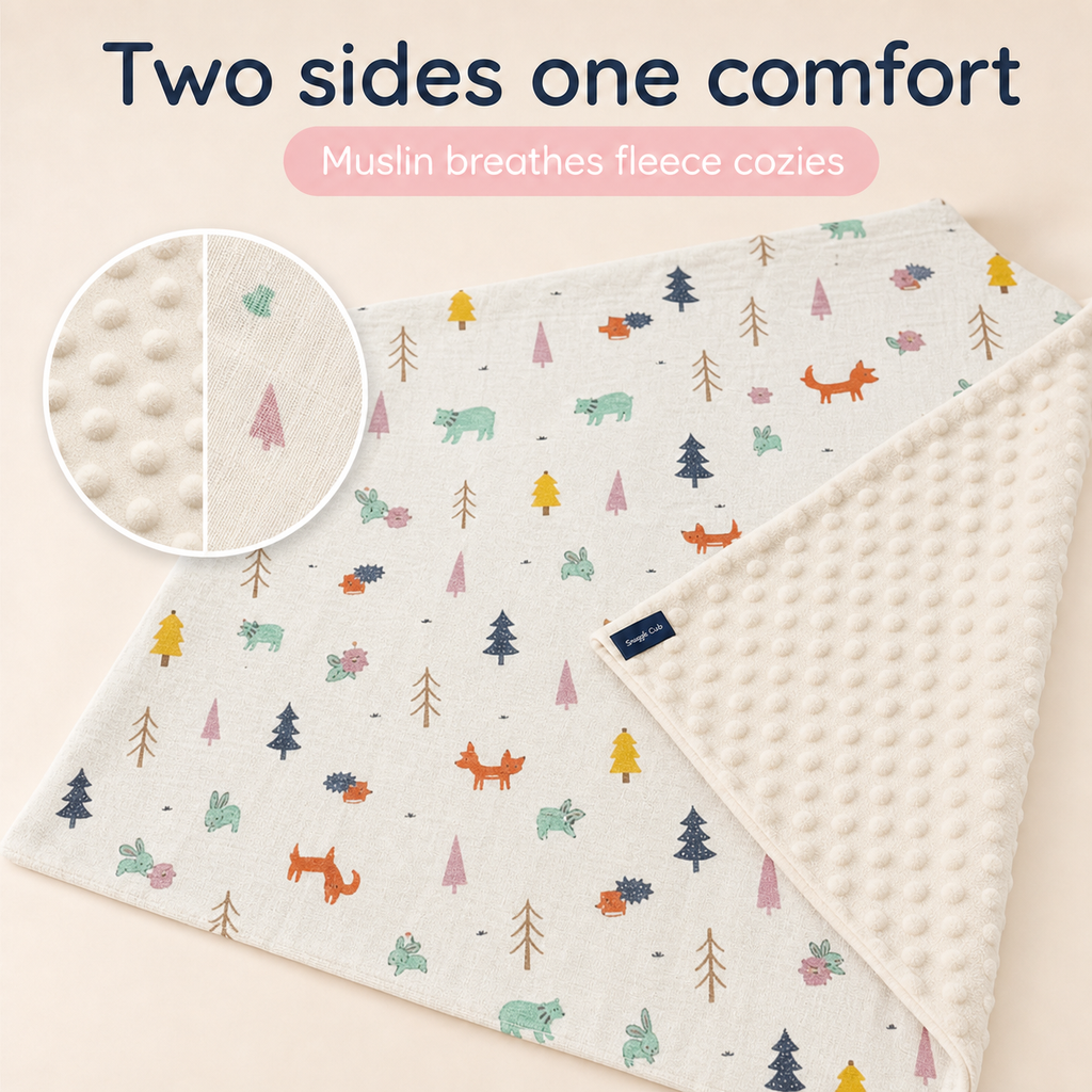 Baby Blanket - Beige Fox  - 100% Muslin Cotton and Fleece material for ultra comfort