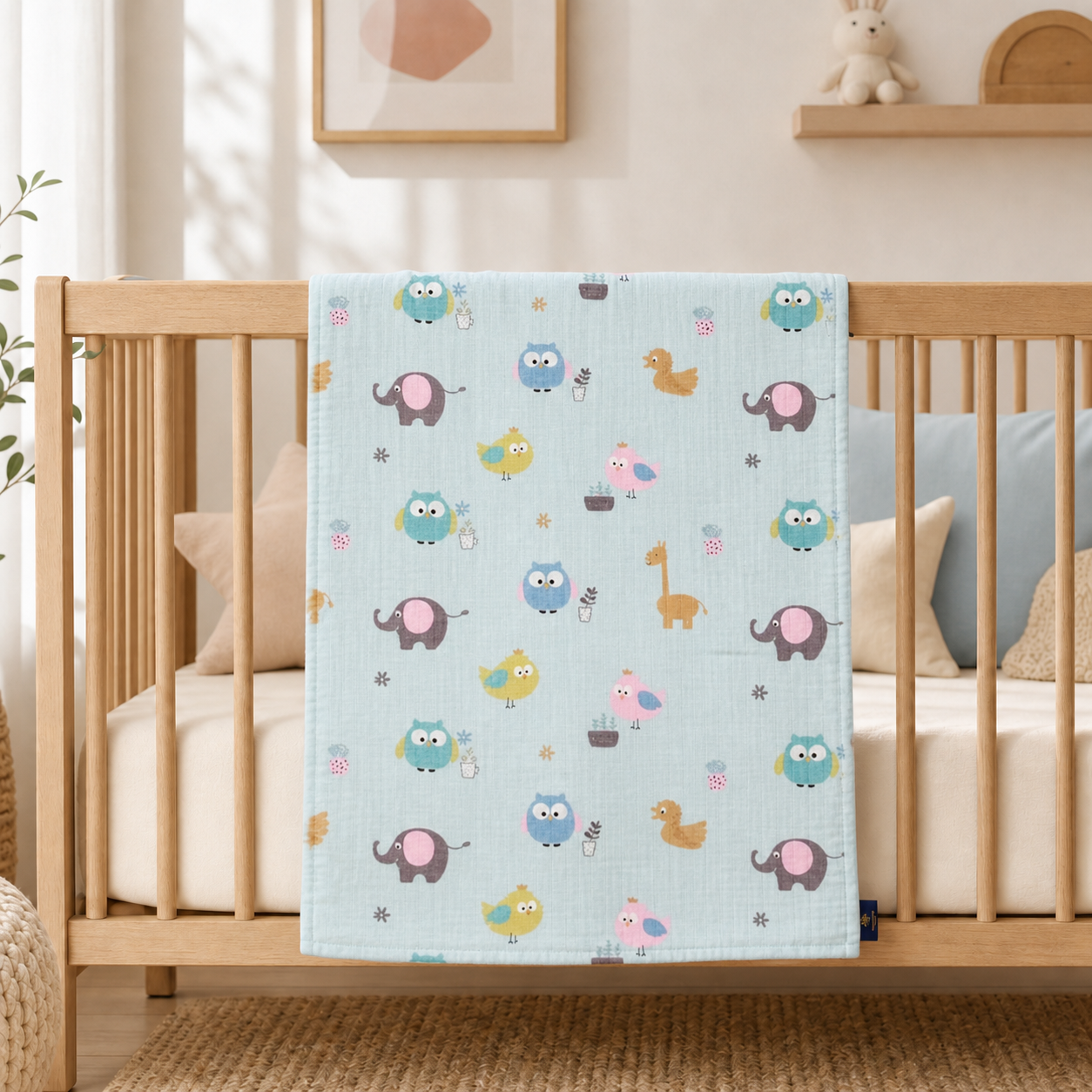 Baby Blanket - Blue Bird - 100% Muslin Cotton and Fleece material for ultra comfort