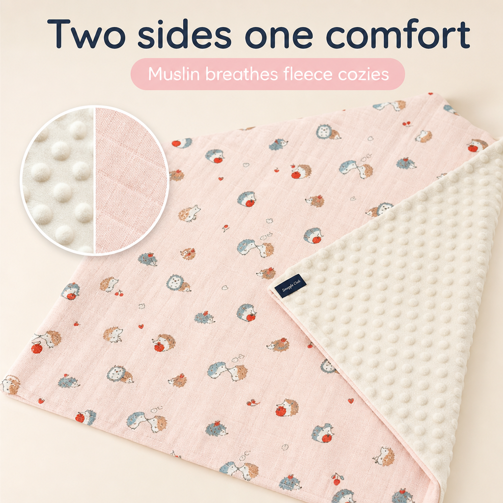 Baby Blanket - Pink Porcupine - 100% Muslin Cotton and Fleece material for ultra comfort