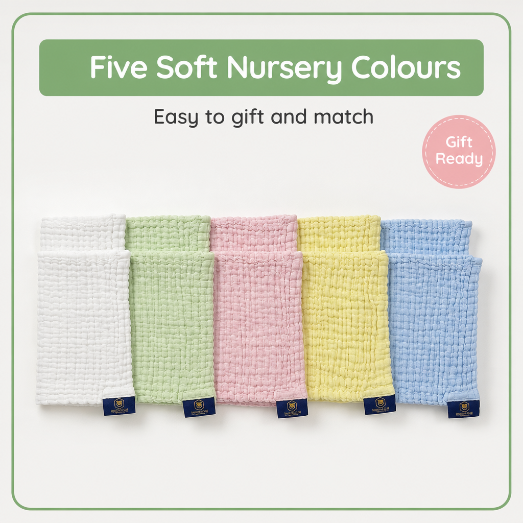 Baby Burp Cloths Pack of 10 in 100% Muslin Cotton – 6 Layers, Extra Absorbent Newborn Washcloths (30×50 cm), Soft Natural Face Towels for Sensitive Skin – in Multicolor (10)