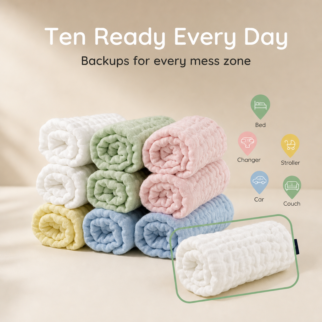 Baby Burp Cloths Pack of 10 in 100% Muslin Cotton – 6 Layers, Extra Absorbent Newborn Washcloths (30×50 cm), Soft Natural Face Towels for Sensitive Skin – in Multicolor (10)