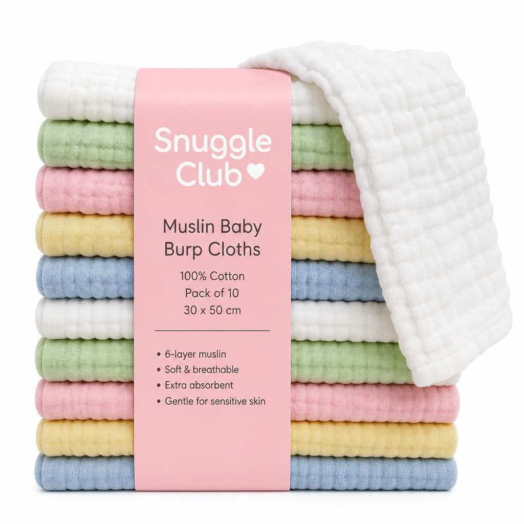 Baby Burp Cloths Pack of 10 in 100% Muslin Cotton – 6 Layers, Extra Absorbent Newborn Washcloths (30×50 cm), Soft Natural Face Towels for Sensitive Skin – in Multicolor (10)